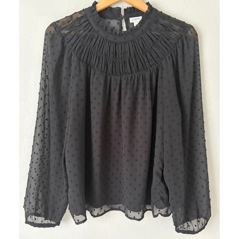 J.Crew Womens Clip Dot Smocked Neck Blouse Large Black Sheer Sleeve Lined Top